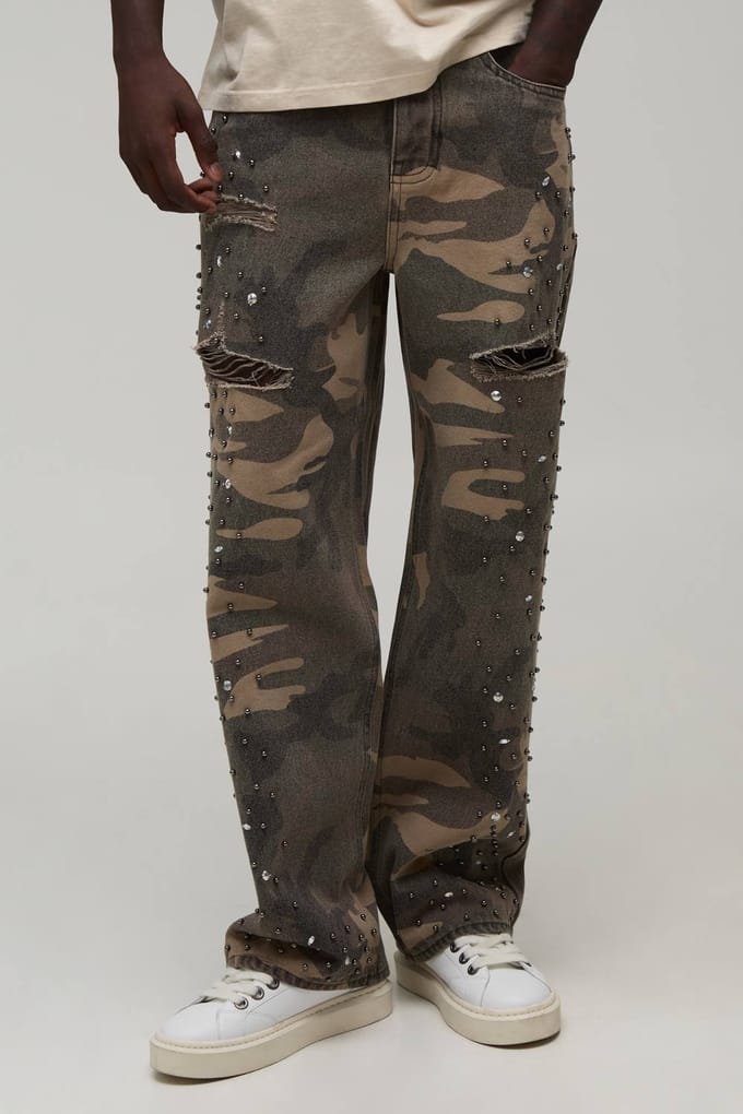 Camo Relaxed Jeans Met Strass-steentjes En Scheuren | Size 34R