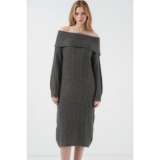 Oversized Geribbelde Brei Midi Jurk met Madonna Kragen