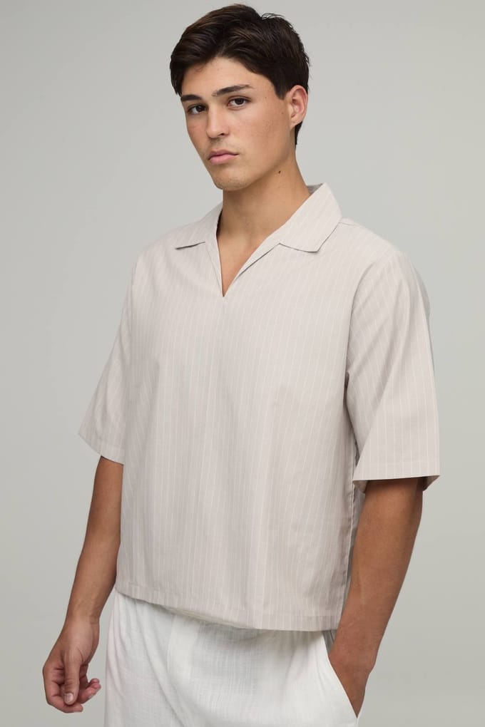 Oversized Boxy Poplin Stripe V-Neck Polo T-Shirt | Light Grey | Size Small