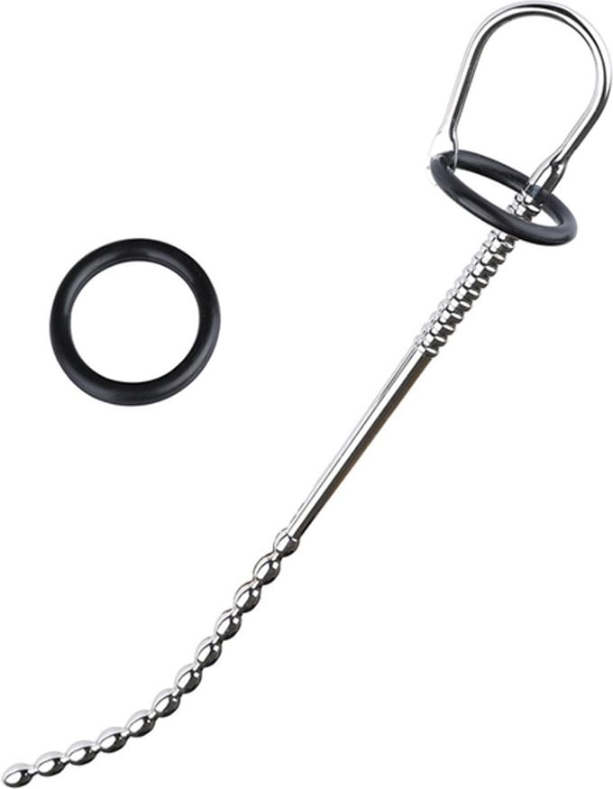 Black Label - Long Beaded - Urethral Stretcher met Siliconen Ringen