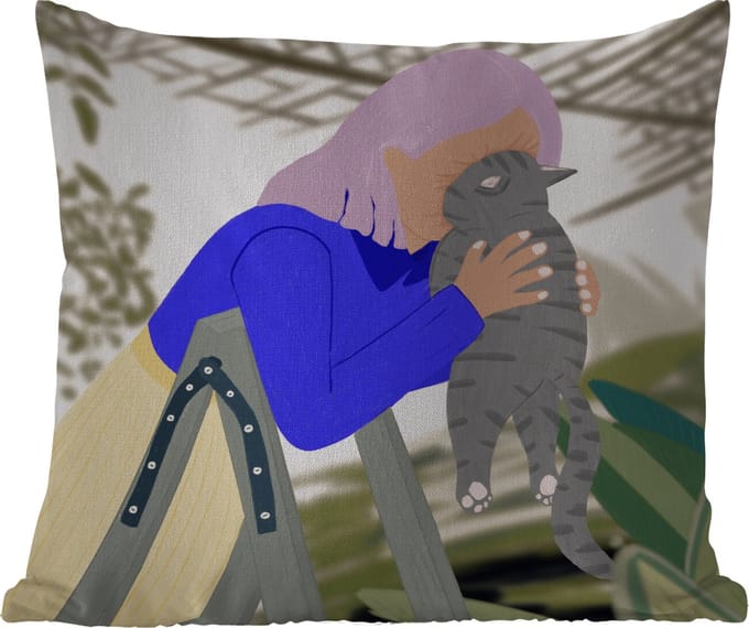 Tuinkussen - Vrouw - Kat - Minimalisme - 40x40 cm - Weerbestendig