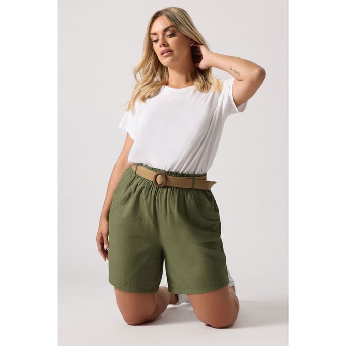 Yours Short Van Linnenmix Met Geweven Riem In Kakigroen Size 58-60