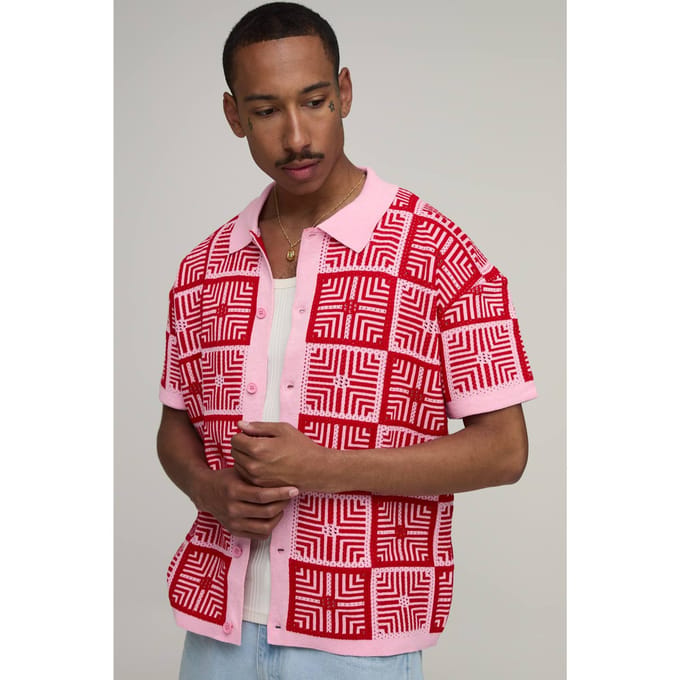 Ontspannen Gehaakte Tapijt Gebreid Overhemd | Pink | Size Medium