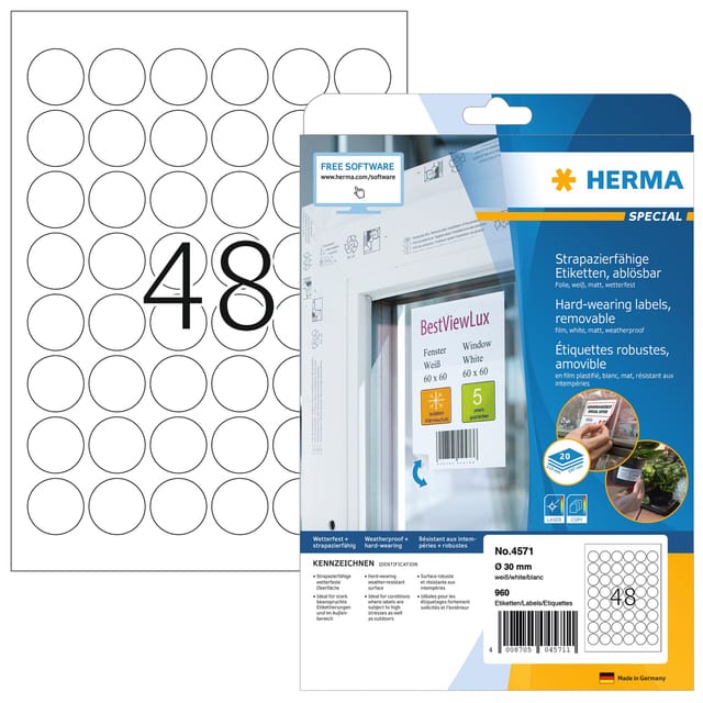 Herma hardwearing Labels round 30mm 20sh. DIN A4 wh 960pc. 4571