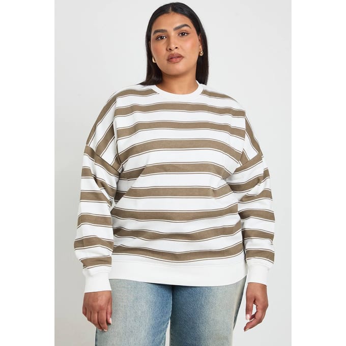 boohoo Dames Plus Gestreept Oversized Sweatshirt | Beige | Maat: 44
