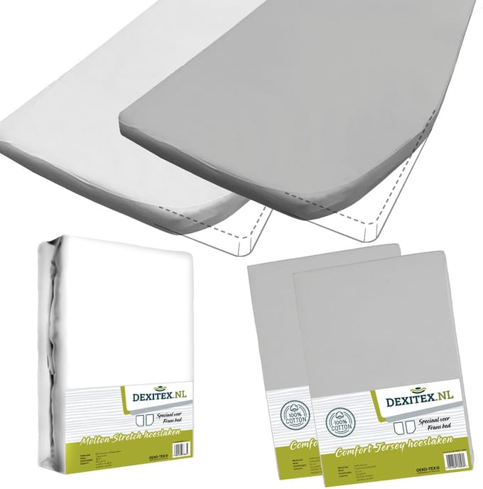 Dexitex Textielpakket Frans bed - 1 molton met 2 hoeslakens - rechts 2 x Licht grijs