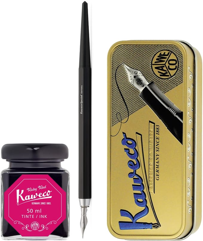 Kaweco - Fountain Pen - Special Dip Pen Black - in vintage blik - Potje inkt Ruby Red 60cc