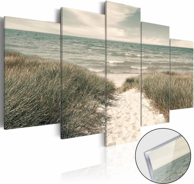 Afbeelding op acrylglas - Stil op het strand, Noordzee, Groen/Beige, 5luik