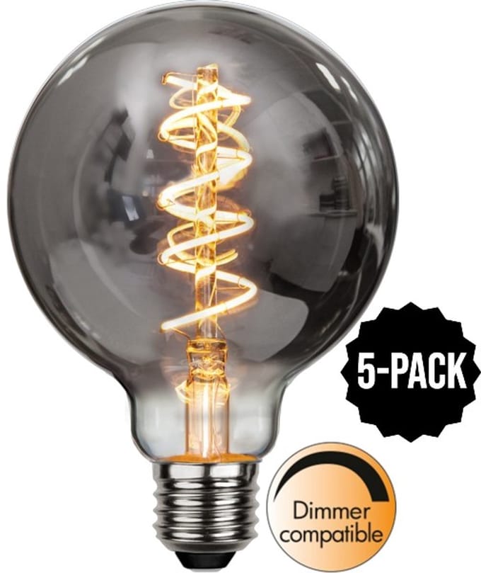 5-Pack | G95 bol - E27 - 2W - Super Warm Wit <2200K - Dimbaar - Filament - Rookglas