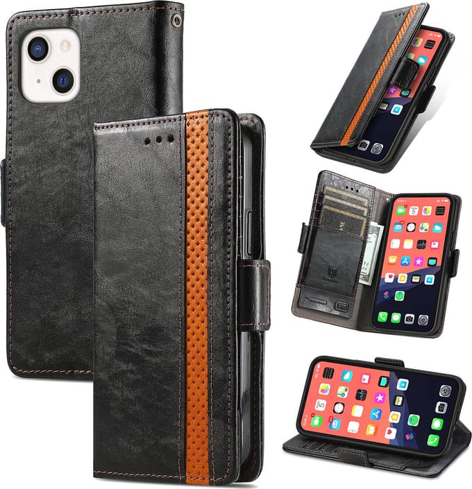 Stijlvol Tweekleurig PU-leer Wallet Flip Case voor iPhone 13 Mini _ Zwart