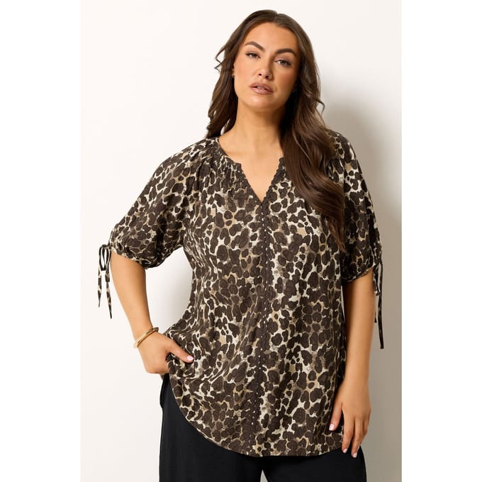 Yours Bruine Blouse Met Luipaardprint En Swirldetail Size 42