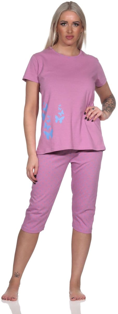 Normann damespyjama met korte mouwen en capri pyjamabroek in stippenlook