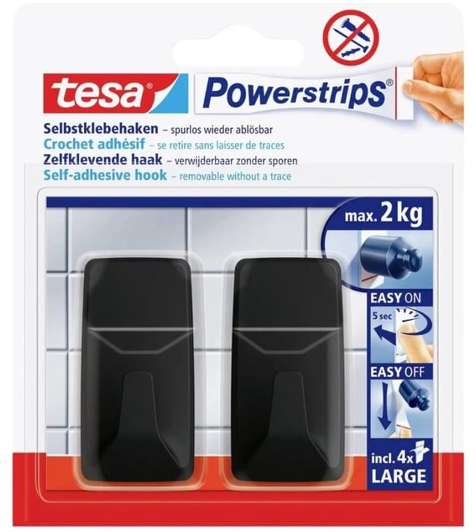 tesa Black Hooks L Powerstrips kleefhaak groot vierkant (b x h) 20 mm x 50 mm Zwart Inhoud: 2 stuk(s)