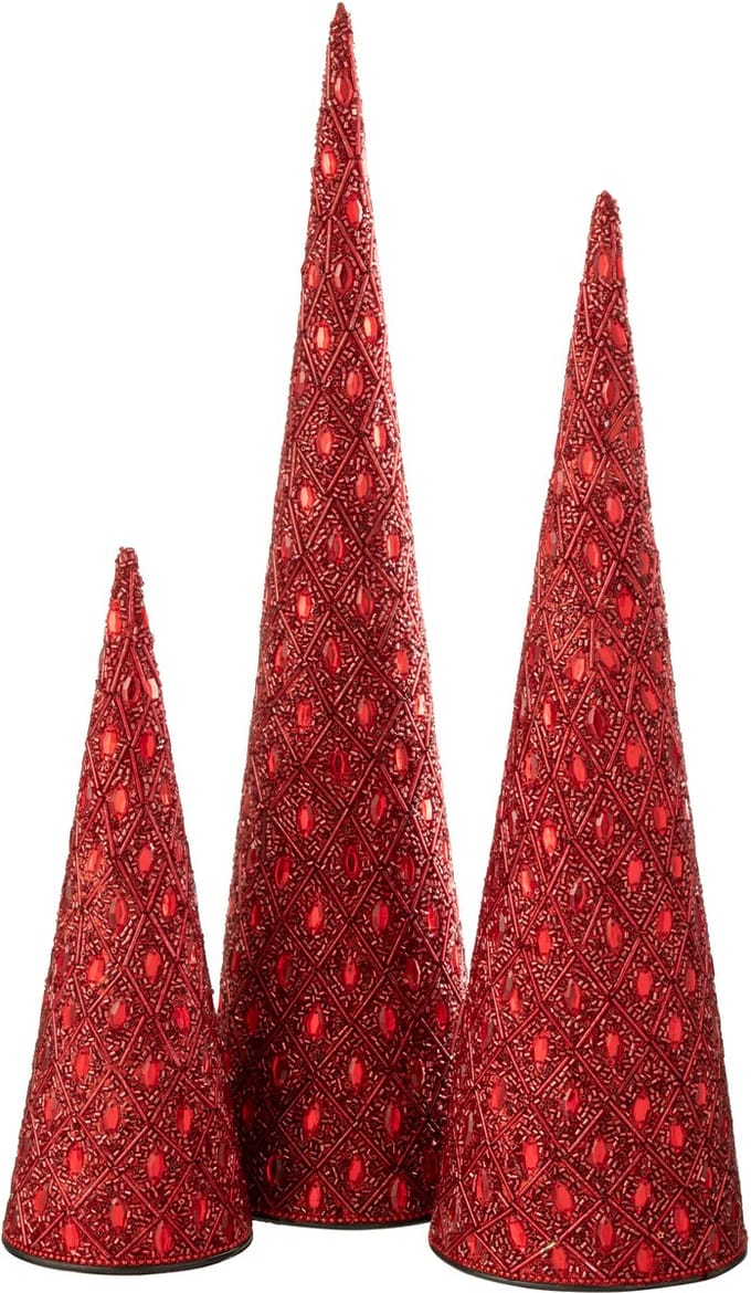 J-Line decoratie Kegel - ijzer/kralen - kerstrood - set van 3