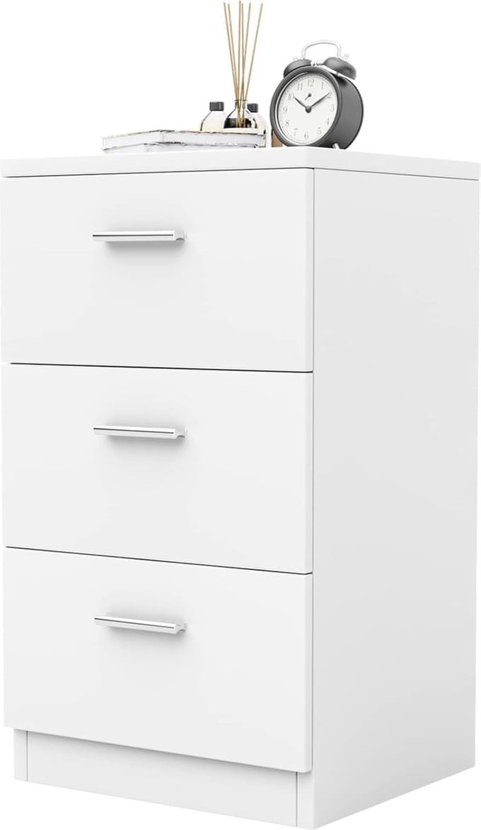Modern Nachtkastje met 3 Laden - Wit - Compacte Bijzettafel voor Boxspringbed