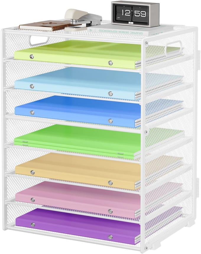 Bureauorganizerbak, 8‑laags Papier- en Documentenbak, Stapelbare Documentenorganizer, Metalen Gaas Bureauorganizer voor Klas, Thuis, Kantoor (Wit)