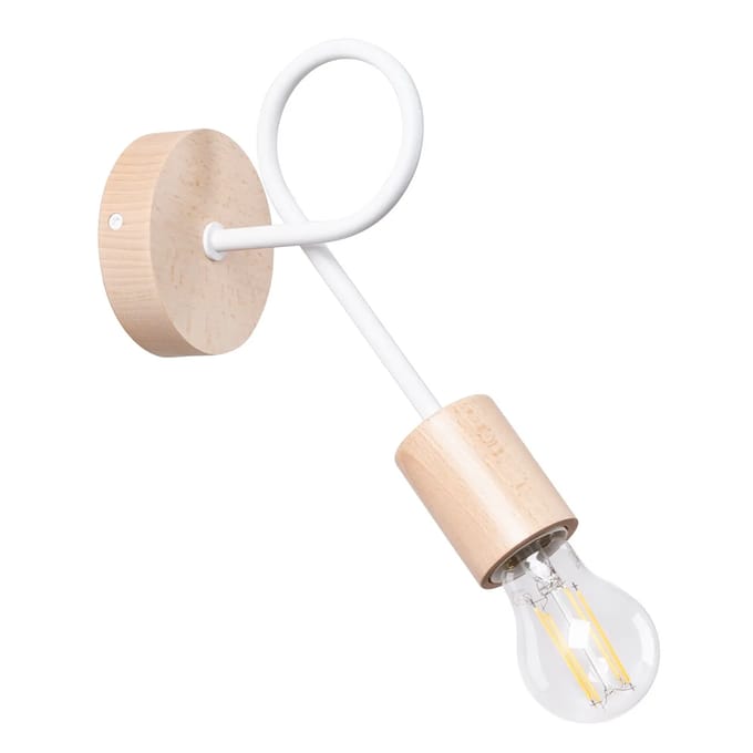 Wandlamp EMBER met metalen arm en houten accent - Sollux Lighting - IP20 - Wit/natuurlijk hout staal/hout behuizing - 10 x 19 x 24 cm - 1 x E27 LED, exclusief lichtbron - Max. 15 W - Minimalistische wandlamp voor gang, hal en woonkamer