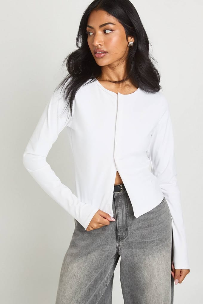 boohoo Dames Peached Sculpt Popper Top met Lange Mouwen | Wit | Maat: 36