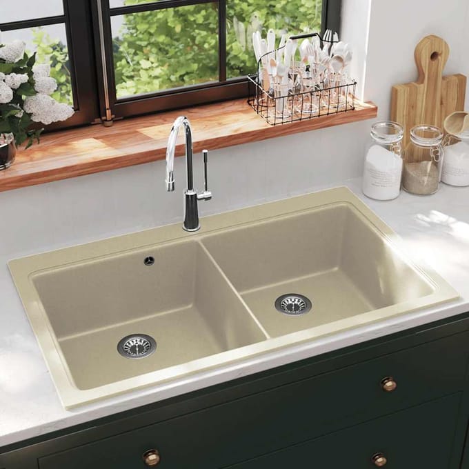 vidaXL - Gootsteen - dubbele - bakken - graniet - beige