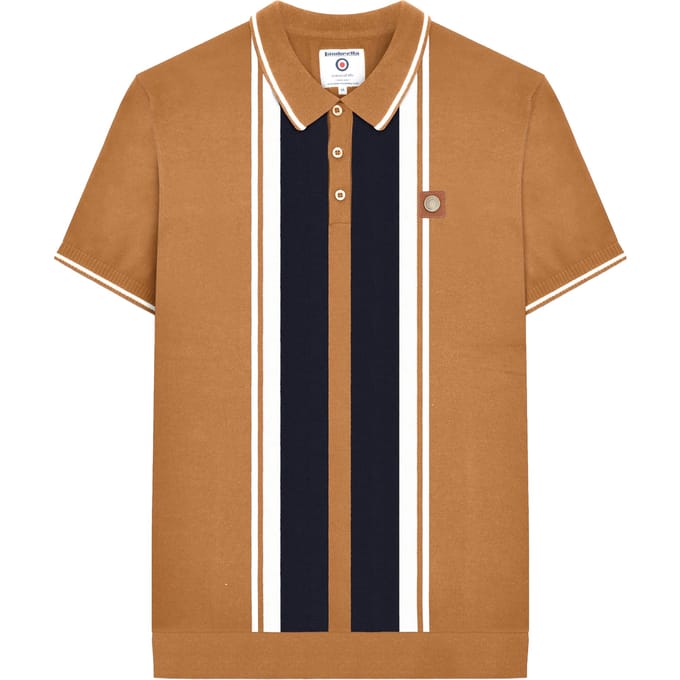 Lambretta Heren Greco Gestreept Gebreid Poloshirt met Korte Mouwen (Tabak)