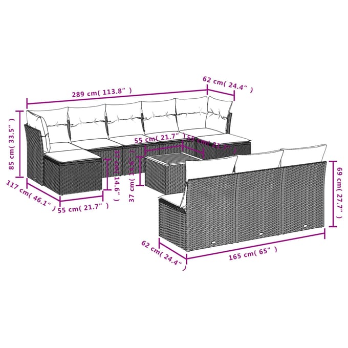 vidaXL - 11-delige - Loungeset - met - kussens - poly - rattan - grijs