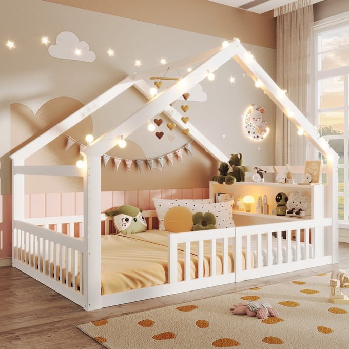 Kinderbed - 140 x 190 cm - Met Hek en LED Verlichting - Huisframe - Grenenhout - Wit