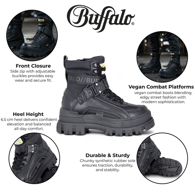 Buffalo Dames Zwarte Chunky Platform Hoge Enkel Combat Boots - ASPHA-COM1