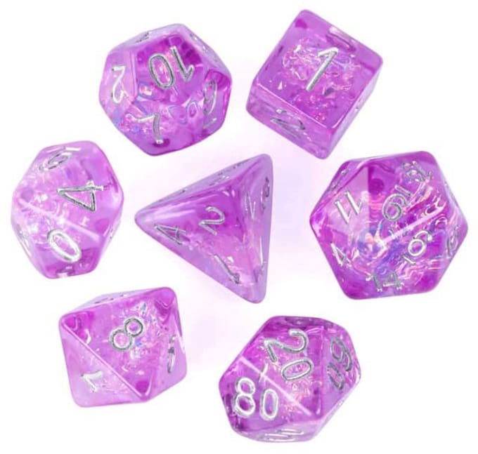 HOT Games dobbelstenen set paars kunststof 7-delig D20 D12 D10.