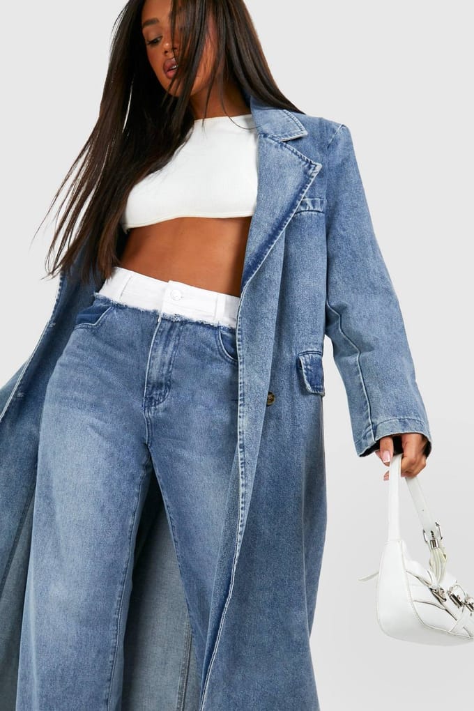 boohoo Dames Dubbelgeknoopte Denim Trenchcoat | Mid Blue | Maat: 6