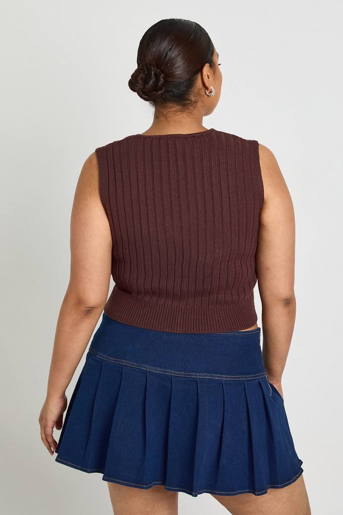 boohoo Dames Plus Gebreide Vest met Dasdetail | Chocolate | Maat: 16-18