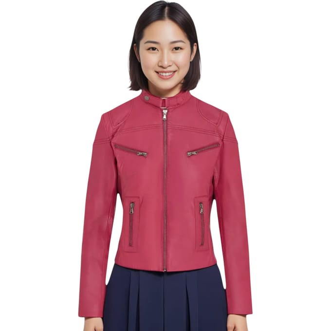 Roze casual slim-fit leren bikerjack voor dames - Tulsa