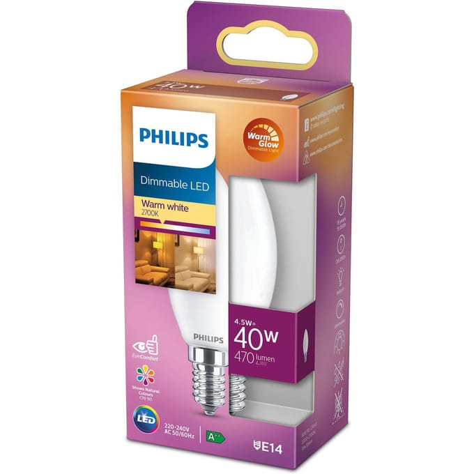 Philips Ledlamp Kaars - D3,5cm - Dimbaar - Warm Wit - E14 - 3,4w
