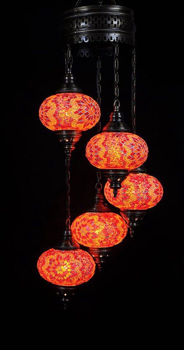Turkse hanglamp mozaïek glas rood oranje - hanglamp 5 bollen - hoogte 110 cm - E-14 fitting