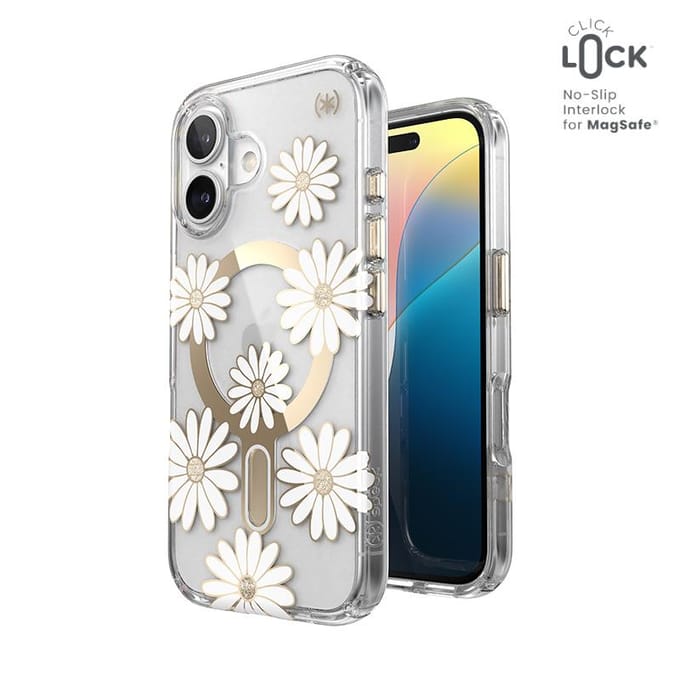 Speck Presidio Lux ClickLock & MagSafe - iPhone 16 Case - Sunshine Daisies / Clear / Gold