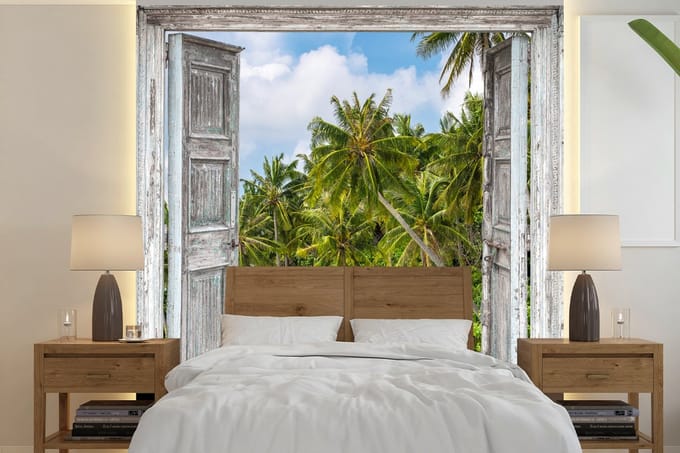 Behang - Fotobehang Palm - Zee - Doorkijk - Tropisch - Breedte 220 cm x hoogte 220 cm