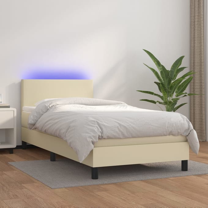 vidaXL - Boxspring - met - matras - en - LED - kunstleer - crèmekleurig - 100x200 - cm