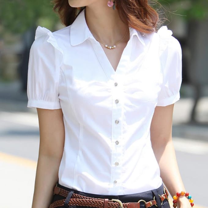 Chemise professionnelle à col en V vêtements de cérémonie pour femmes chemisier à manches courtes outillage femmes vêtements de travail à col blanc chemise blanche chemise de tenue de soirée L white