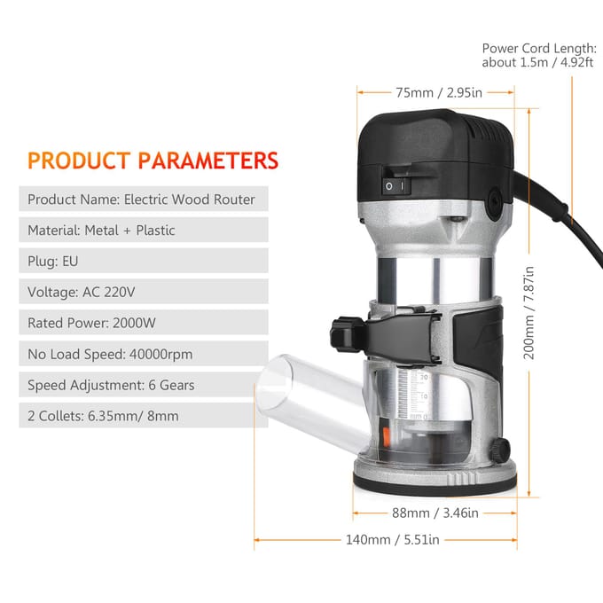 220V 2000W Handheld Houtfrees 6 Variabele Snelheid Elektrische Handtrimmer met 6,35mm/ 8mm Vervangbare