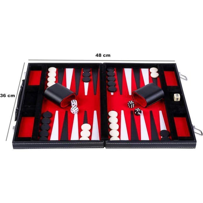 Backgammon 15 inch - Rood, Zwart & Wit Gestikt Bord - Kunstlederen Koffer met Handvat - Engelhart