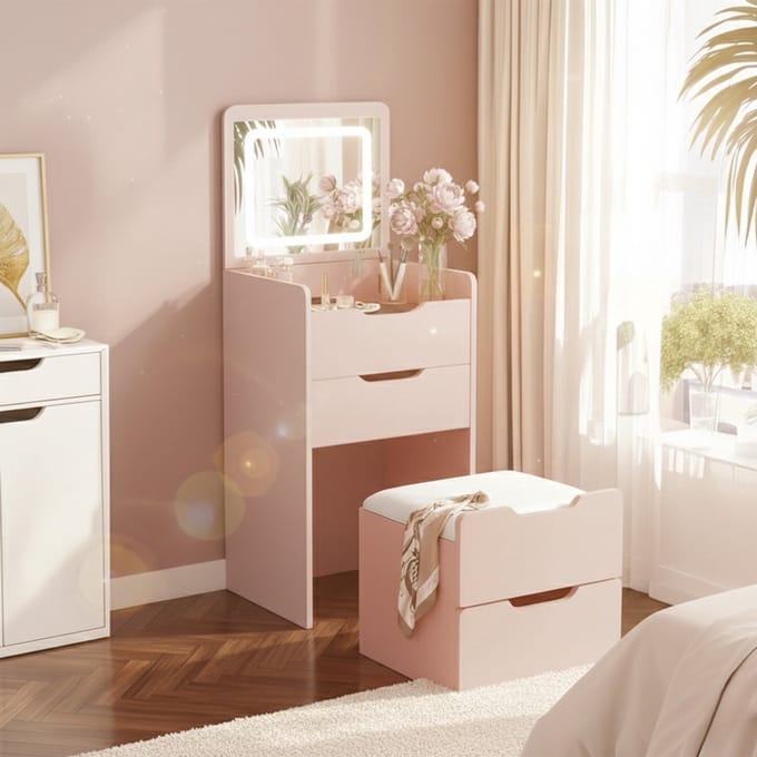 MAZAZU Kaptafel met Spiegel en Verlichting - Make-up Tafel met LED - Krukje - Roze - 120 cm