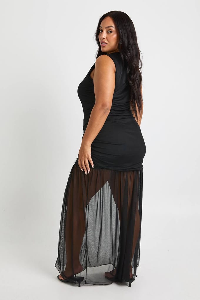 boohoo Dames Plus Gerimpelde Taille Transparante Rok Maxi-jurk | Black | Maat: 26