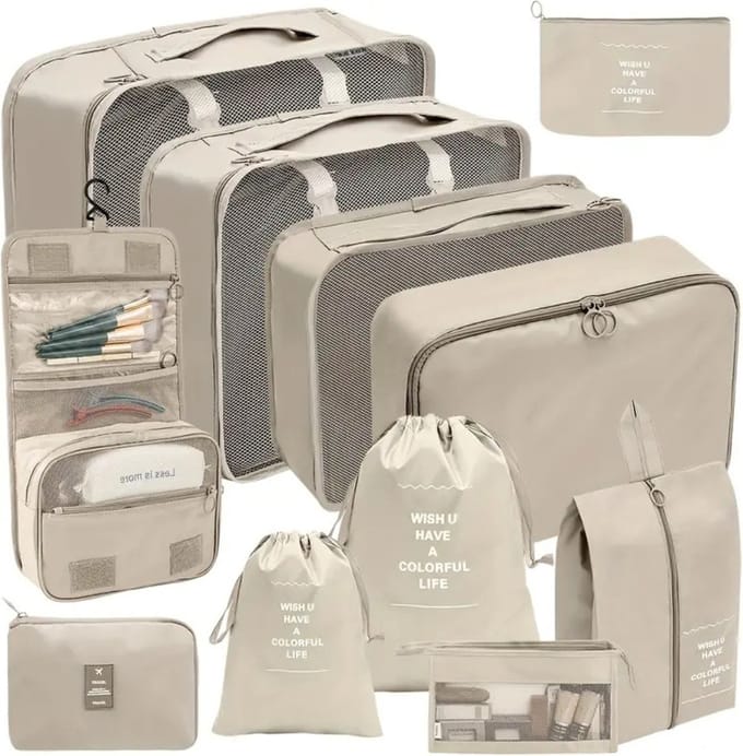 Nivard Koffer Organizer Set - Packing Cubes - Compressie - Travel - Compression - Set - Beige 11 stuks