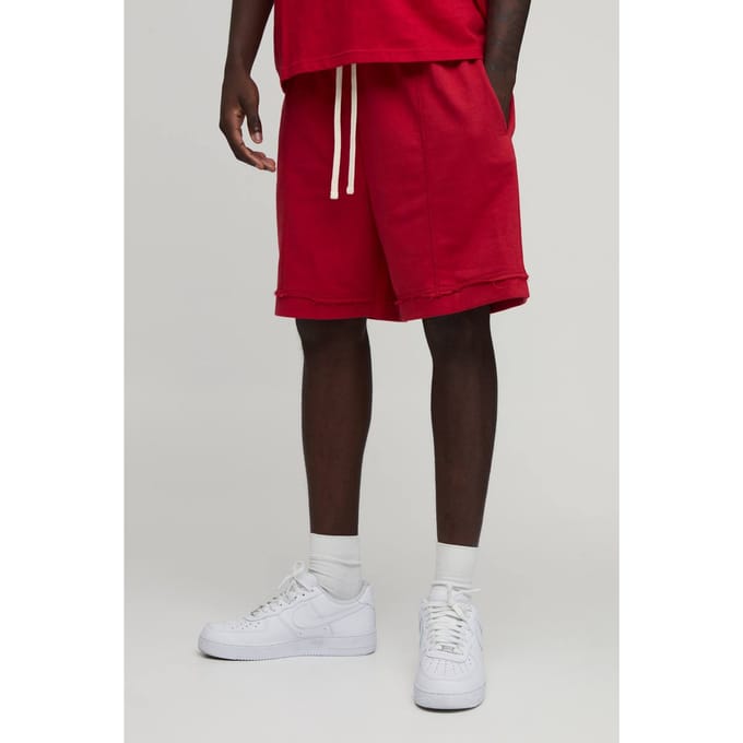 Baggy Drop Crotch Short met Zichtbare Naden en Loopback | Red | Size Medium