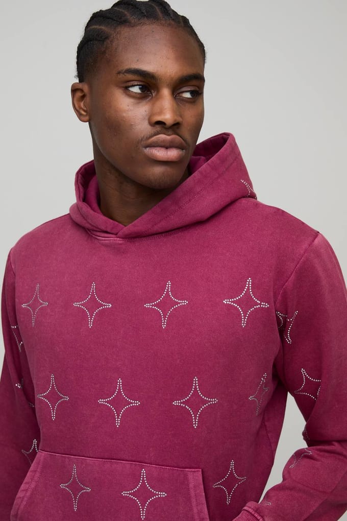 Boxy Washed All Over Rhinestone Hoodie | Pink | Size Medium