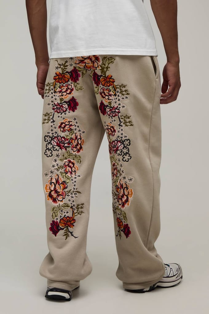 Straight Fit Floral Embroidered Jogger | Stone | Size XL