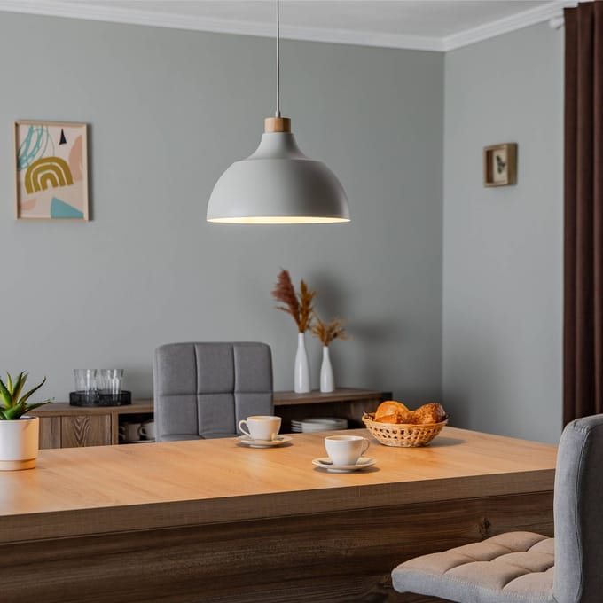 TK Lighting Hanglamp Kaitt, beige, Ø 34 cm, houten detail