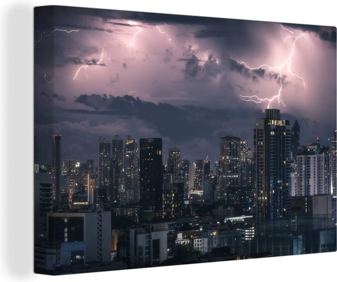 Canvas Schilderij Onweersbui boven Bangkok - 90x60 cm - Wanddecoratie
