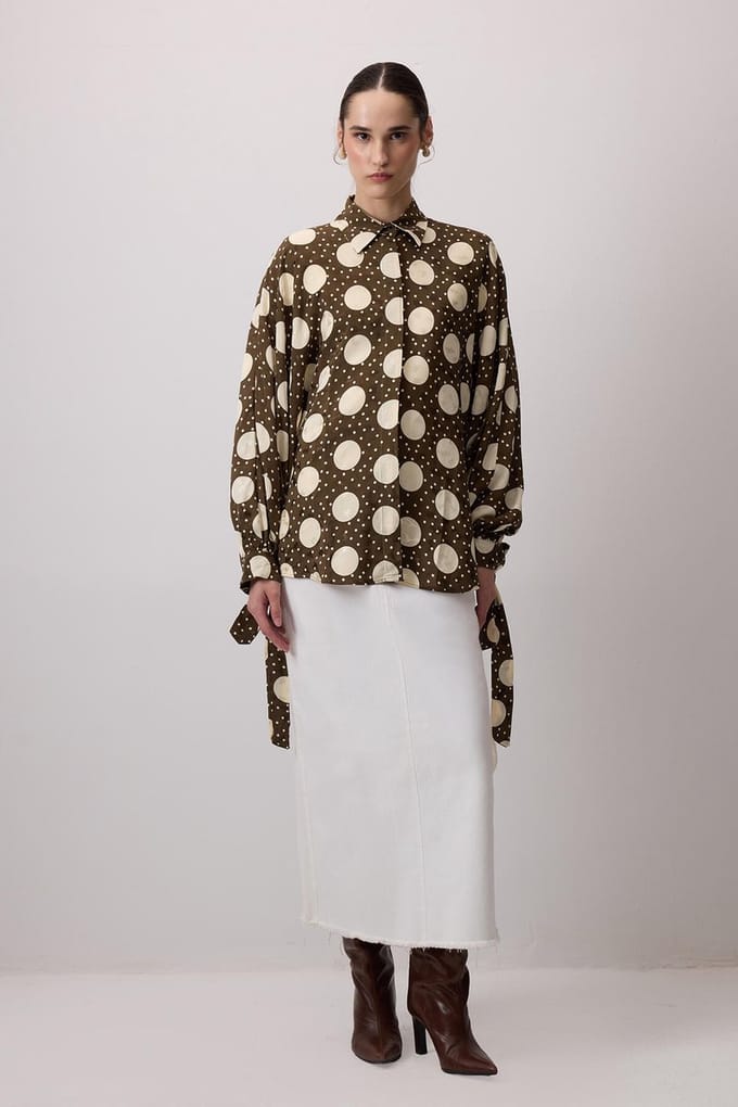Touché Privé - Blouse met polkadots en ballonmouwen - Khaki - Dames