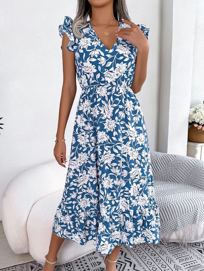 SUNMOOL Dames Dress - Tailleband - Bloemenpatroon - Blauw - Maat: S