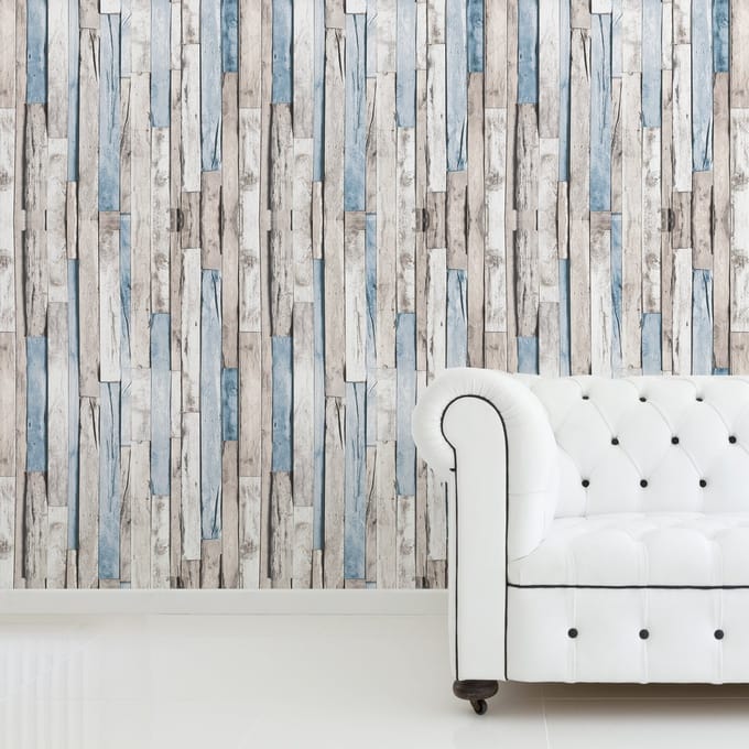 Walplus Houtstroken - Muur Decoratie Sticker - Grijs/Blauw - 4 bladen van 60x90 cm